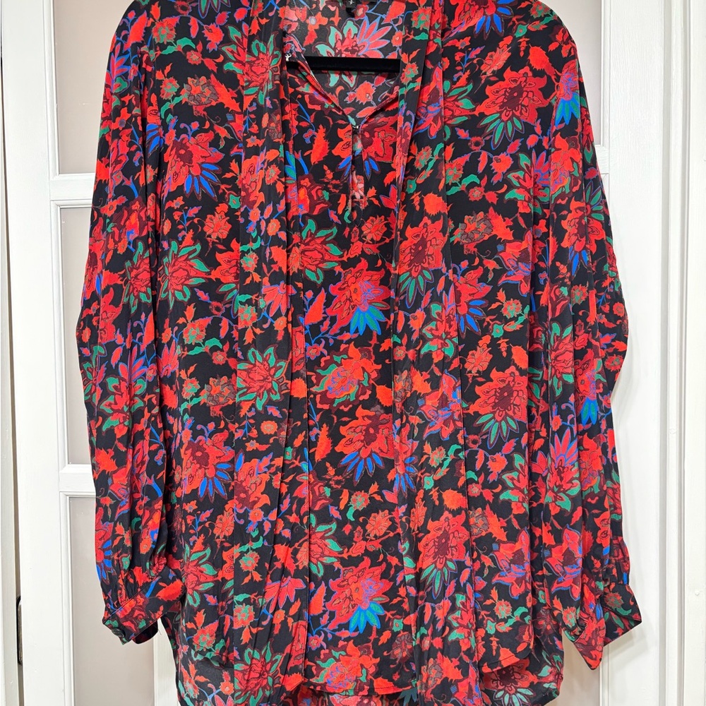 Rag & Bone Emily Floral Tie-Neck Blouse Black Red Blue Size Small View 2